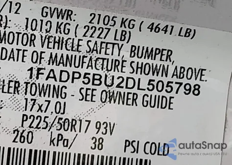 2013 Ford C-Max Hybrid Sel z USA, uszkodzony, nr VIN 1FADP5BU2DL505798